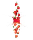 Whole and sliced fresh strawberries are falling down through splashes of juice Royalty Free Stock Photo