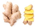 Whole and sliced ginger root on a white background. The view from top Royalty Free Stock Photo