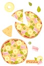 Whole And Sliced Hawaiian Pizza With Pineapple, Ham, Cheese, Basil And Olive. Italian Food. Cartoon Style