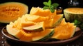 Whole and sliced of Japanese melons,honey melon or cantaloupe on wooden table. Generative AI
