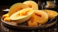 Whole and sliced of Japanese melons,honey melon or cantaloupe on wooden table. Generative AI