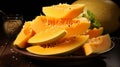 Whole and sliced of Japanese melons,honey melon or cantaloupe on wooden table. Generative AI