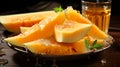 Whole and sliced of Japanese melons,honey melon or cantaloupe on wooden table. Generative AI