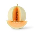 Whole and sliced of Japanese melons isolated on white background, honey melon or cantaloupe Cucumis melo, clipping path Royalty Free Stock Photo