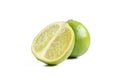 Whole and sliced limes isolated on white background. Sour green fruit Royalty Free Stock Photo