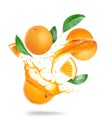 Whole and sliced oranges with juice splashes in the air isolated on a white background Royalty Free Stock Photo