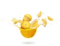 Whole and sliced oranges with splashes of fresh juice, isolated on white background Royalty Free Stock Photo