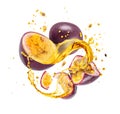 Whole and sliced passion fruit with splashes of juice, isolated on a white background Royalty Free Stock Photo