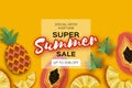 Whole and Sliced Pineapple and Half Cut Papaya in paper cut style on yellow background. Summer sale banner. Fresh fruit Royalty Free Stock Photo
