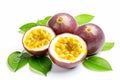 Whole and sliced ripe passion fruit with leaves isolated on white background. Royalty Free Stock Photo