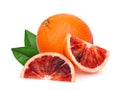 Whole and slices blood orange with green leaf isolated on white Royalty Free Stock Photo