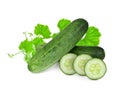 Whole and slices cucumber with green leaf isolated on white Royalty Free Stock Photo