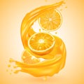 Whole and slices of oranges. Orange juice advertising realistic design. Royalty Free Stock Photo