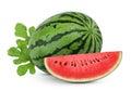 Whole and slices watermelon with green leaves isolated on white Royalty Free Stock Photo