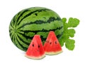 Whole and slices watermelon with green leaves isolated on white background, Royalty Free Stock Photo