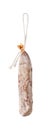 Whole spanish longaniza sausage hanging on a white rope isolated on white background. Traditional dry-cured longanisa salami of Royalty Free Stock Photo