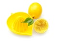 Whole and squeezed lemons with juicer on white background