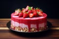 Whole strawberry cheesecake with a vibrant red glaze and fresh strawberries on top, on a black plate on a wooden table against Royalty Free Stock Photo