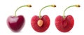 Whole sweet cherry and cherry halves with and without pit isolated on white Royalty Free Stock Photo