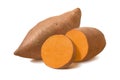 Whole sweet potato and slices isolated on white background.