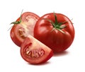 Whole tomato, half and quarter piece on white backgroun