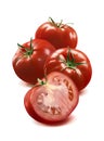 3 whole tomato and half on white background