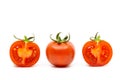 Whole Tomato and Two Halves of Tomatoes Isolated on White Background Royalty Free Stock Photo