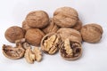 Whole unpeeled and broken walnuts on a white background. Royalty Free Stock Photo