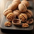 Whole walnuts and cracked walnut shells with kernels are arran Royalty Free Stock Photo