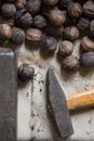 Whole walnuts on old table with hammer closeup from above