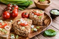 Whole wheat bread with fish spread, tomato and onion Royalty Free Stock Photo