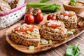 Whole wheat bread with fish spread, tomato and onion Royalty Free Stock Photo