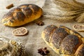 Whole wheat bread. Fresh loaf of rustic traditional bread with poppy seeds, wheat grain ear on linen texture background. Rye Royalty Free Stock Photo