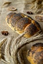 Whole wheat bread. Fresh loaf of rustic traditional bread with poppy seeds, wheat grain ear on linen texture background. Rye Royalty Free Stock Photo
