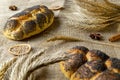 Whole wheat bread. Fresh loaf of rustic traditional bread with poppy seeds, wheat grain ear on linen texture background. Rye Royalty Free Stock Photo