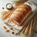 Whole wheat bread loaf paired with wheat stalks on a clean white backdrop Royalty Free Stock Photo