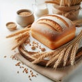 Whole wheat bread loaf paired with wheat stalks on a clean white backdrop Royalty Free Stock Photo