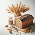 Whole wheat bread loaf paired with wheat stalks on a clean white backdrop Royalty Free Stock Photo