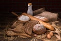 Whole wheat bread,milk,flour and cloth bag on wood table.