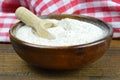 Whole wheat flour in wooden bowl Royalty Free Stock Photo