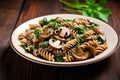 Whole Wheat Fusilli with Mushroom and Spinach Medley Royalty Free Stock Photo