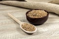 Whole wheat grains in a wooden spoon and a ceramic bowl on a wooden table Royalty Free Stock Photo