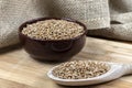 Whole wheat grains in a wooden spoon and a ceramic bowl on a wooden table Royalty Free Stock Photo