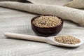 Whole wheat grains in a wooden spoon and a ceramic bowl on a wooden table Royalty Free Stock Photo