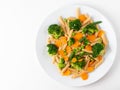 Whole wheat pasta Penne with broccoli, carrots, green peas. Copy space, top view. Diet menu, proper nutrition, healthy food Royalty Free Stock Photo
