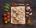 Whole wheat pasta tagliatelle, olive oil, vegetables and herbs Royalty Free Stock Photo