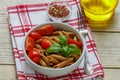 Whole wheat pasta with tomatoes, Basil, olive oil , seasonings Royalty Free Stock Photo