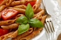 Whole wheat pasta with tomatoes, Basil, olive oil, seasonings Royalty Free Stock Photo