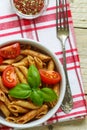 Whole wheat pasta with tomatoes, Basil, olive oil , seasonings Royalty Free Stock Photo