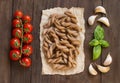 Whole wheat pasta, tomatoes and basil Royalty Free Stock Photo